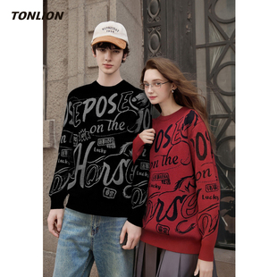 唐狮情侣毛衣男女2025冬季新款满印宽松圆领套头可外穿内搭针织衫