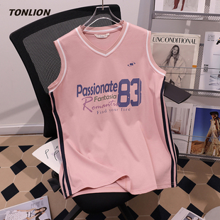 上衣 撞色印花设计感V领宽松显瘦无袖 唐狮运动背心女2026夏季 新款