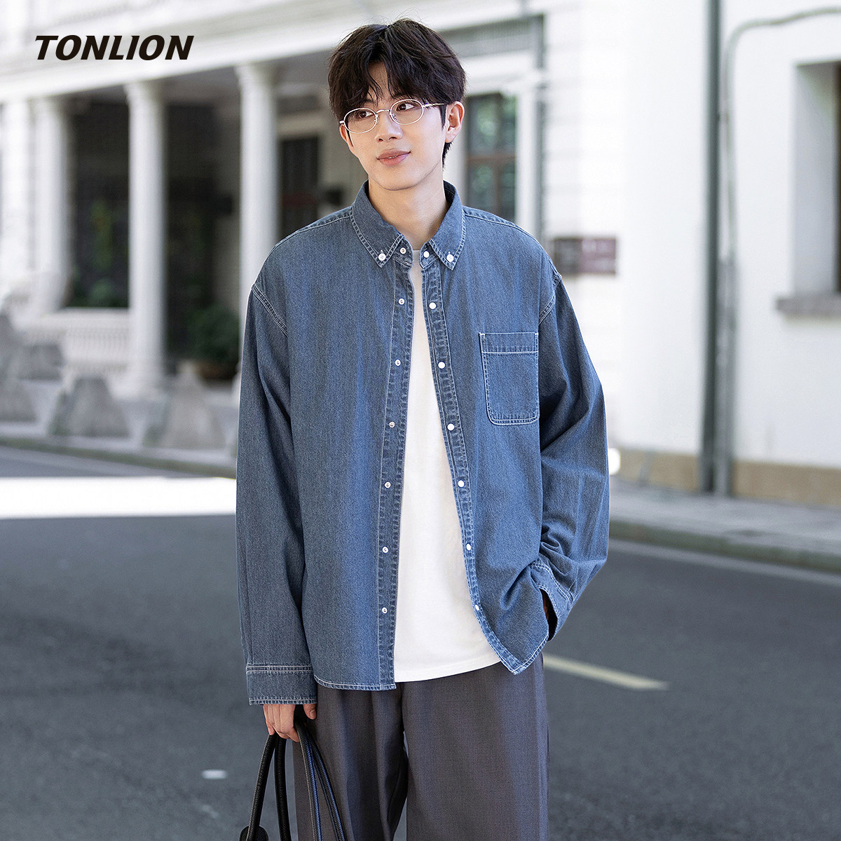 唐狮长袖牛仔衬衫男款2025秋冬新款潮流翻领宽松显瘦休闲牛仔外套