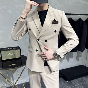 商务正装外套结婚男士双排扣西服小西装英伦风休闲套装男修身帅气