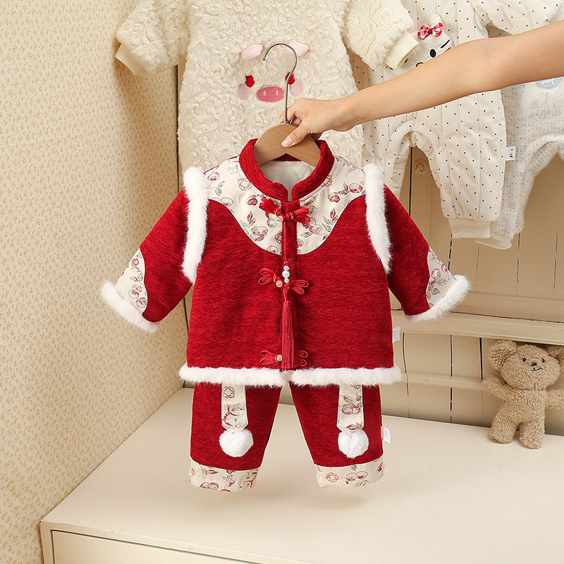 中式风女宝宝连体衣冬季长袖单排扣满月百天公主哈衣保暖夹棉爬服