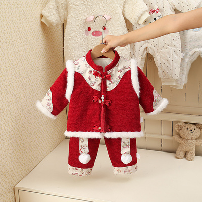 中式风女宝宝连体衣冬季长袖单排扣满月百天公主哈衣保暖夹棉爬服