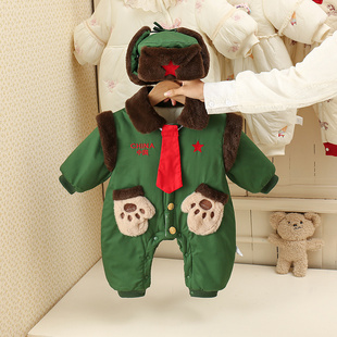 婴儿衣服冬装加绒保暖军装满月宝宝小红军连体棉衣周岁军大衣爬服