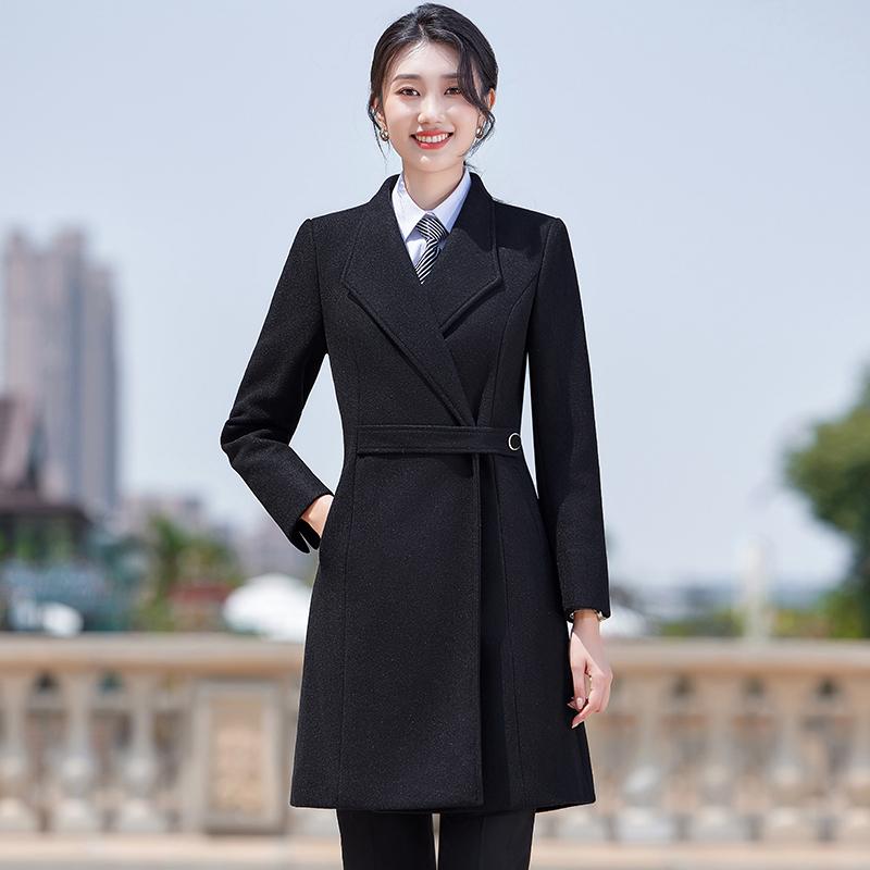 黑色毛呢外套女高级感冬季职业装中长款加厚珠宝店工作服呢子大衣