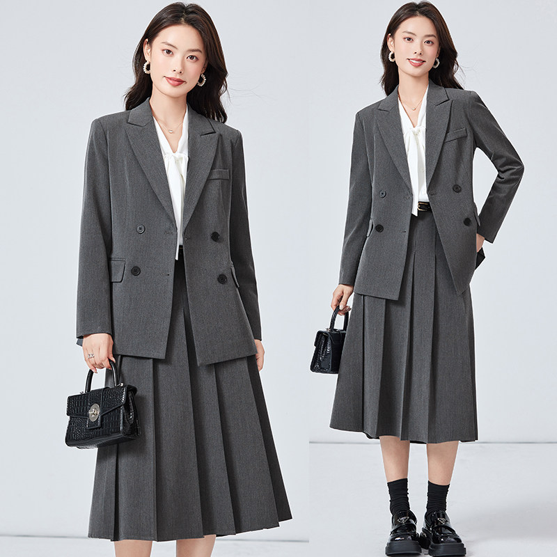 灰色西装外套女2024新款秋冬季大学生面试正装职业通勤西服套装裙