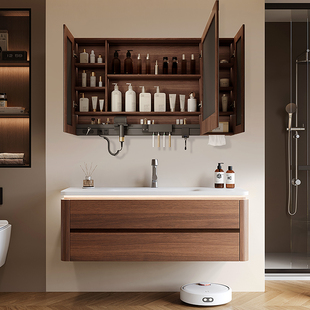 中古风2025新款浴室柜圆角陶瓷一体盆卫生间智能镜柜洗手台盆组合