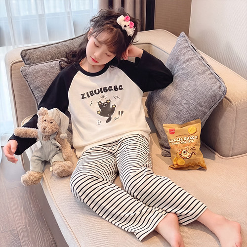 儿童休闲款睡衣女童长袖卡通家居服套装青少年圆领秋季新款可外穿