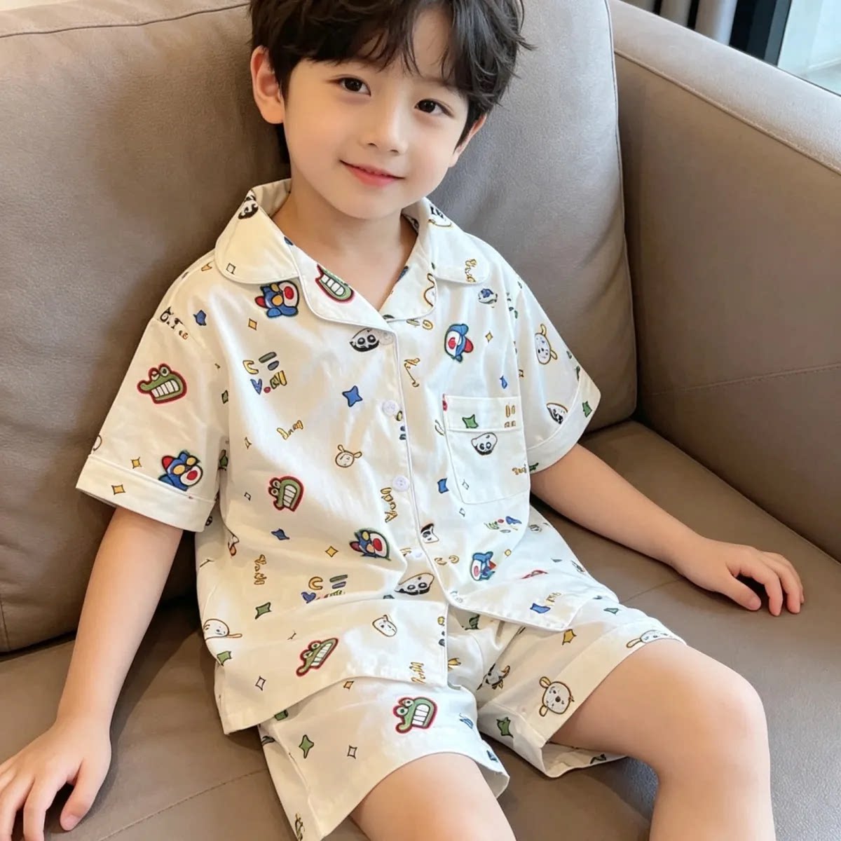 夏季儿童翻领短袖睡衣男童卡通动感超人中大童家居服女孩外穿套装