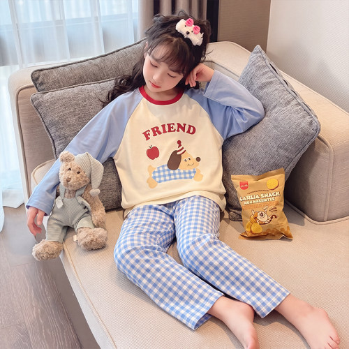 甜美风女童卡通蓝格小狗睡衣套装