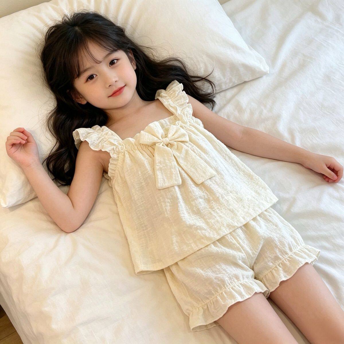 儿童夏季吊带背心睡衣纯色蝴蝶结公主风家居服女童可外穿学生套装