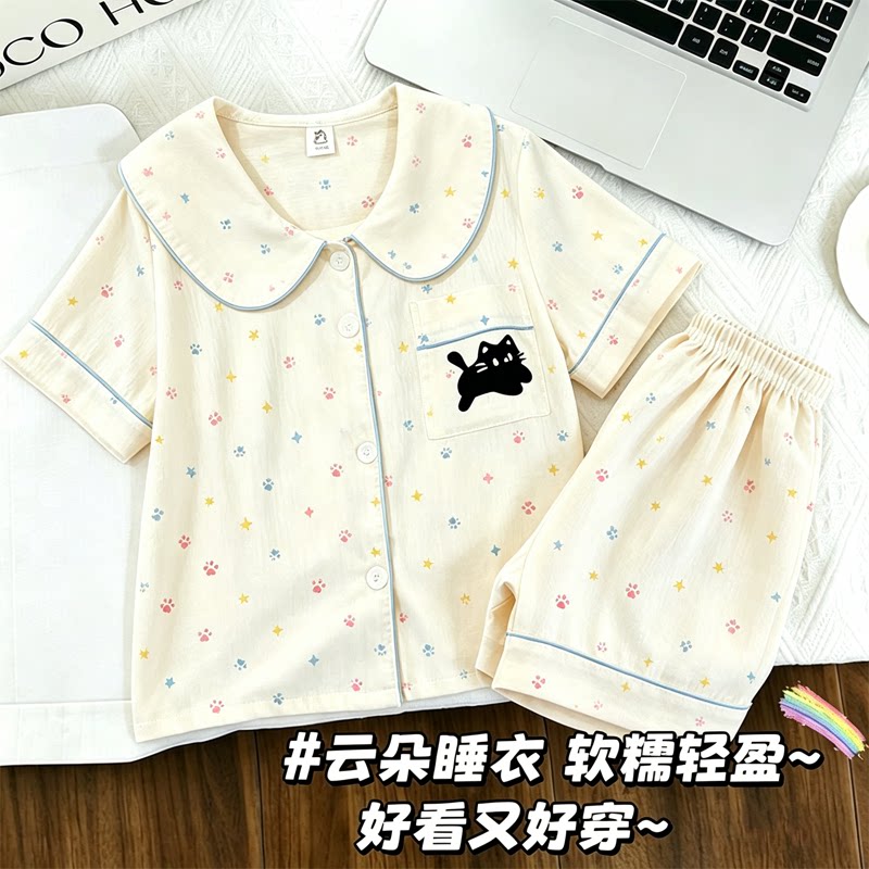 夏季儿童新款卡通黑猫娃娃领睡衣女学生薄款初中生家居服女套装