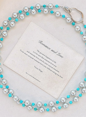 银灰人造珍珠绿松石长款极简项链