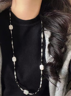 淡水巴洛克珍珠黑玛瑙长项链法式
