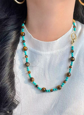 虎眼石仿绿松石串珠项链