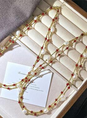 巴洛克淡水珍珠红玉髓双层项链