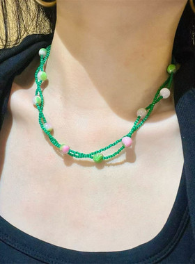 多巴胺小巧双层绿色项链