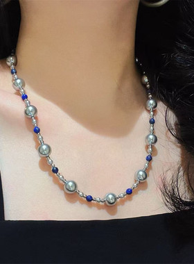天然石串珠项链银色珍珠锁骨链