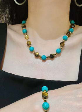 人造蓝色松石拼色虎眼石项链