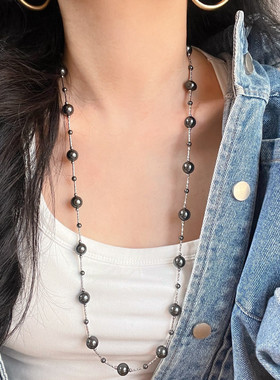 大溪地黑珍珠银色闪亮挂脖项链
