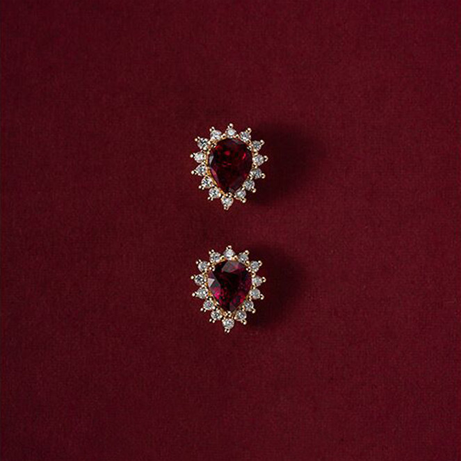 925银饰K金镶水滴形红石榴石宝石耳钉耳针01