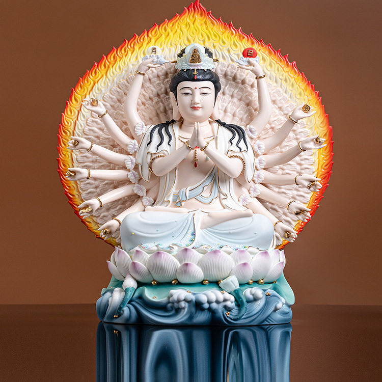 陶瓷水浪千手观音菩萨彩绘佛像摆桌面摆件