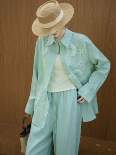 100%亚麻刺绣时尚套装极简老钱风麻料长袖衬衫阔腿裤绿色套装