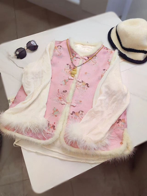 马上有钱宋锦水貂毛夹棉马甲盘扣新中式国风刺绣马甲背心复古坎肩