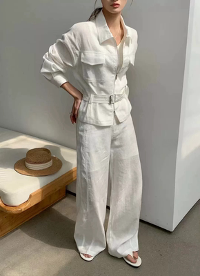 100%亚麻套装高品极简老钱风时尚百搭翻领长袖休闲阔腿裤两件套