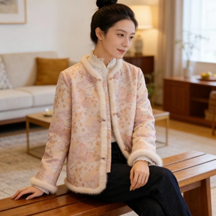 上久楷瑞彩蝶舞宋锦水貂毛夹棉外套瑞彩蝶舞织金四重围新中式棉服