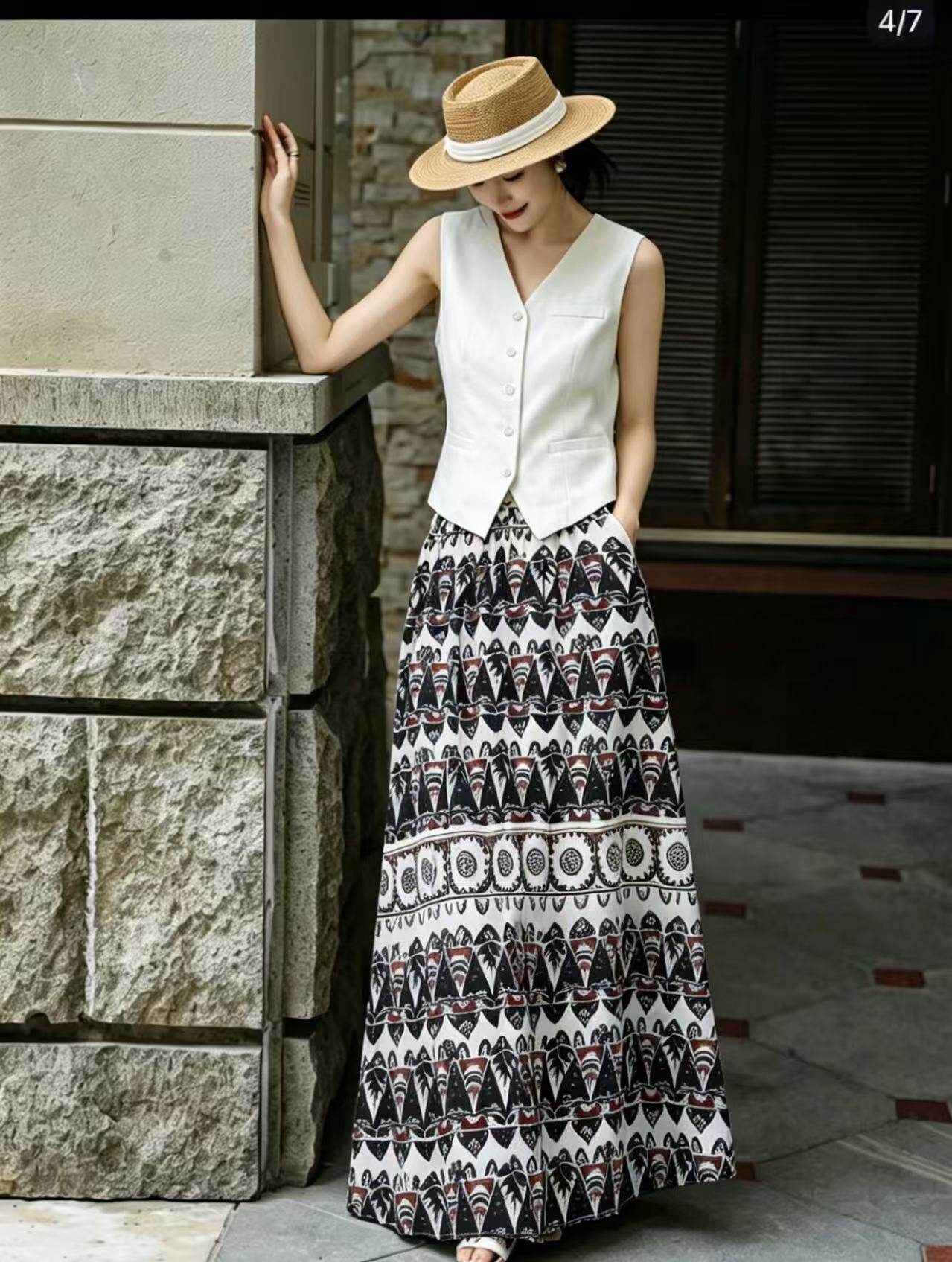 气质马甲印花半身裙两件套高级显瘦遮肉通勤度假轻熟百搭简约套装