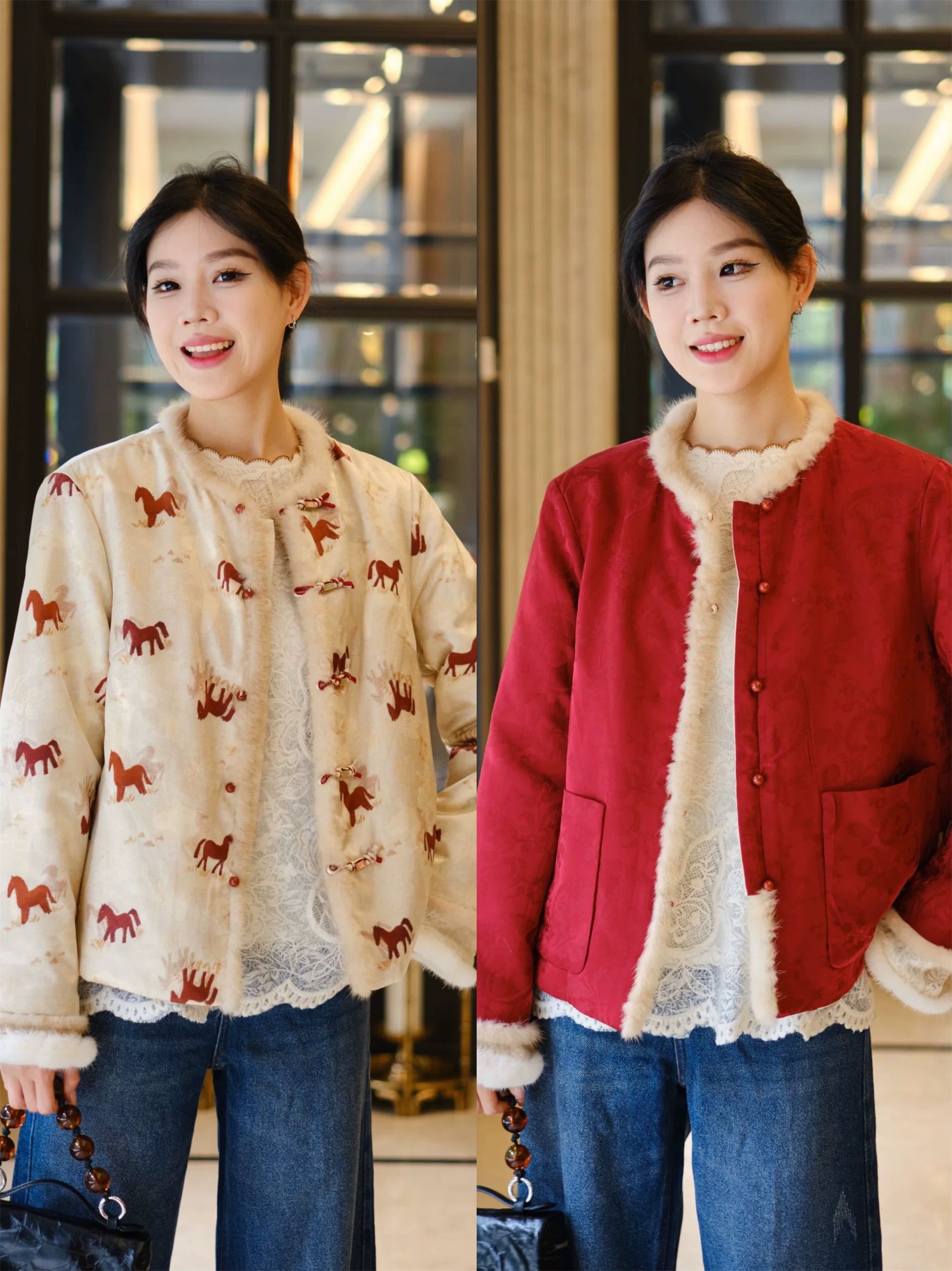 双面穿真丝提花水貂毛棉服顺意福马大气减龄感拼接夹棉棉服外套