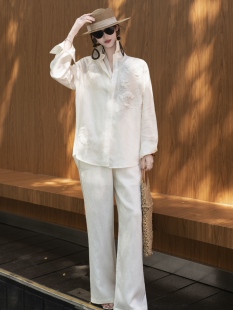 100%亚麻套装极简老钱风麻料长袖衬衫时尚显瘦阔腿裤白色套装