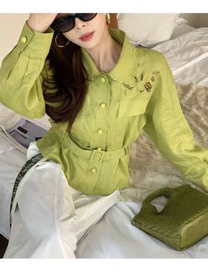 100%亚麻刺绣上衣镂空刺绣花单排扣系带收腰翻领休闲百搭长袖衬衣