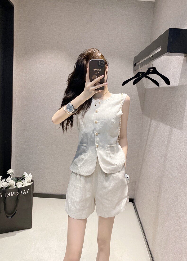 100%亚麻复古无袖马甲阔腿短裤两件套潮小香风马甲短裤套装女