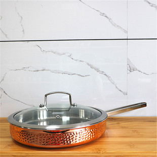 外贸铜包304不锈钢一体平底煎锅28*7cm锤纹铜不粘锅电磁炉燃气灶