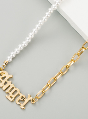 秋冬个性创意英文字母天使Angel吊坠合金仿珍珠项链时尚毛衣链