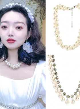 巴洛克奢华大气仿珍珠颗粒水钻项链优雅千金名媛风晚宴锁骨脖饰品