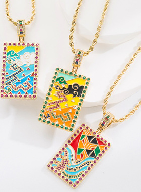 秋冬新款创意设计珐琅彩滴油几何形铜镀金镶锆网红项链吊坠毛衣链