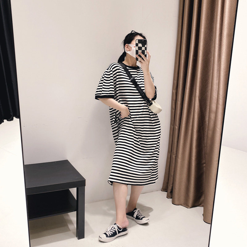 您好oo夏季女装新款经典黑白条纹T恤裙中长款宽松休闲慵懒连衣裙