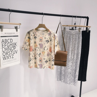 秋季清仓女装橙黄色猫咪短袖T恤女宽松圆领休闲百搭上衣潮