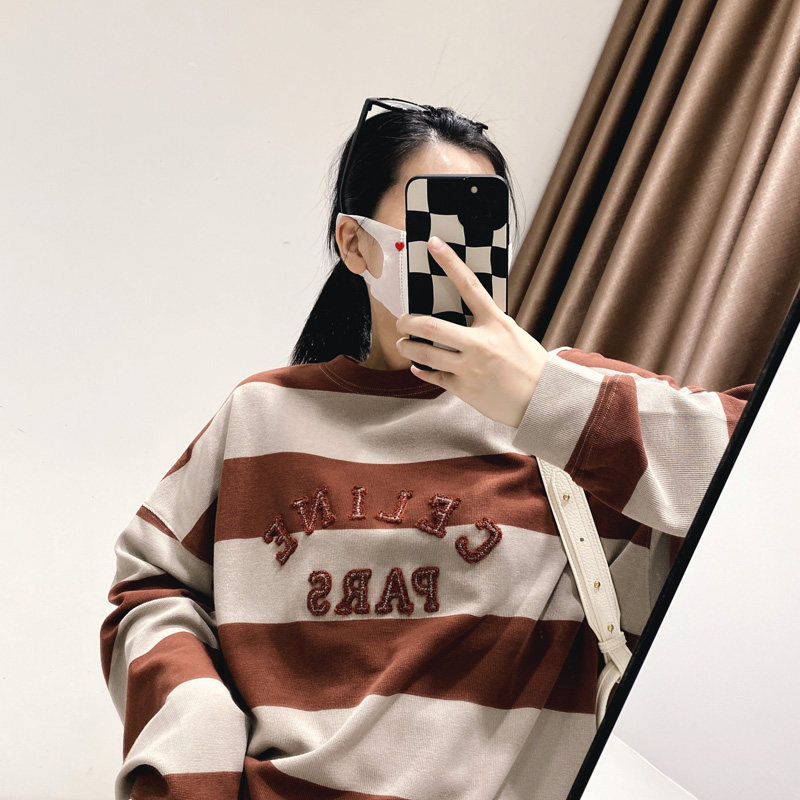 您好oo春女装刺绣学院风立体字母针织棉T恤衫桔红色条纹休闲卫衣