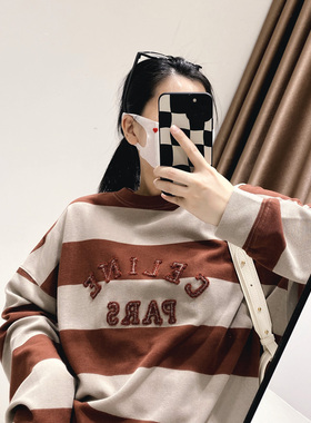 您好oo春女装刺绣学院风立体字母针织棉T恤衫桔红色条纹休闲卫衣