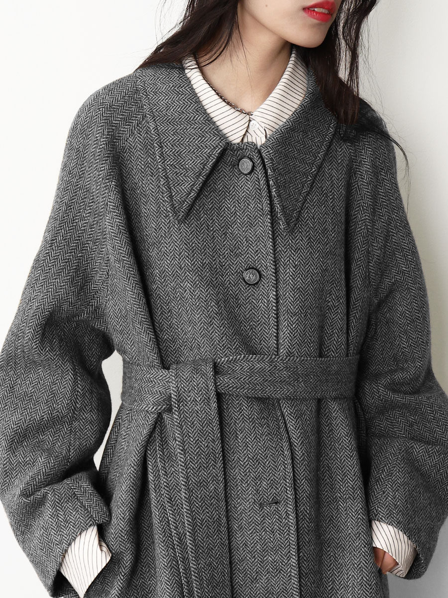 人字纹呢子外套女 春秋气质复古宽松100全羊毛复古慵懒感毛呢大衣