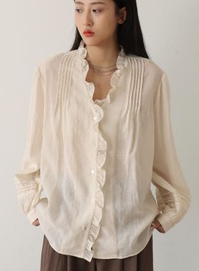 CHICCLO 2024春新款高级精致感轻法式简约长袖花边V领衬衫上衣女