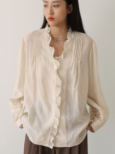 CHICCLO 简约长袖 花边V领衬衫 上衣女 高级精致感轻法式