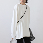 2024春秋新款 上衣打底衫 简约纯色宽松长袖 叠穿白t恤女百搭中长款