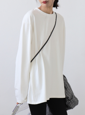 CHICCLO 通勤简约纯色宽松长袖叠穿白t恤女百搭中长款上衣打底衫