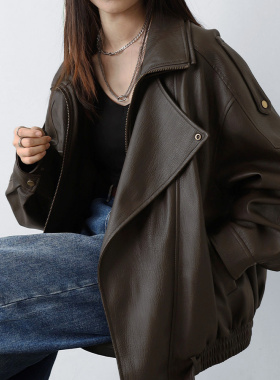 CHICCLO【现货】重工复古中性立领机车皮衣外套夹克上衣女2026春