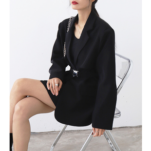 CHICCLO 2024早春新款气质收腰中长款西装外套女 设计感小众西服