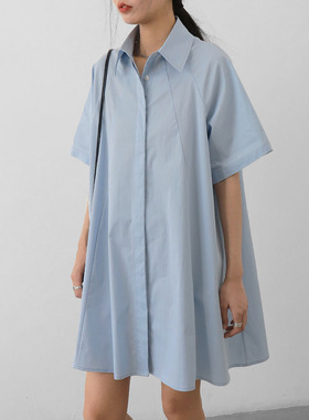 CHICCLO 短袖衬衫连衣裙女设计感气质法式复古宽松休闲衬衫过膝裙